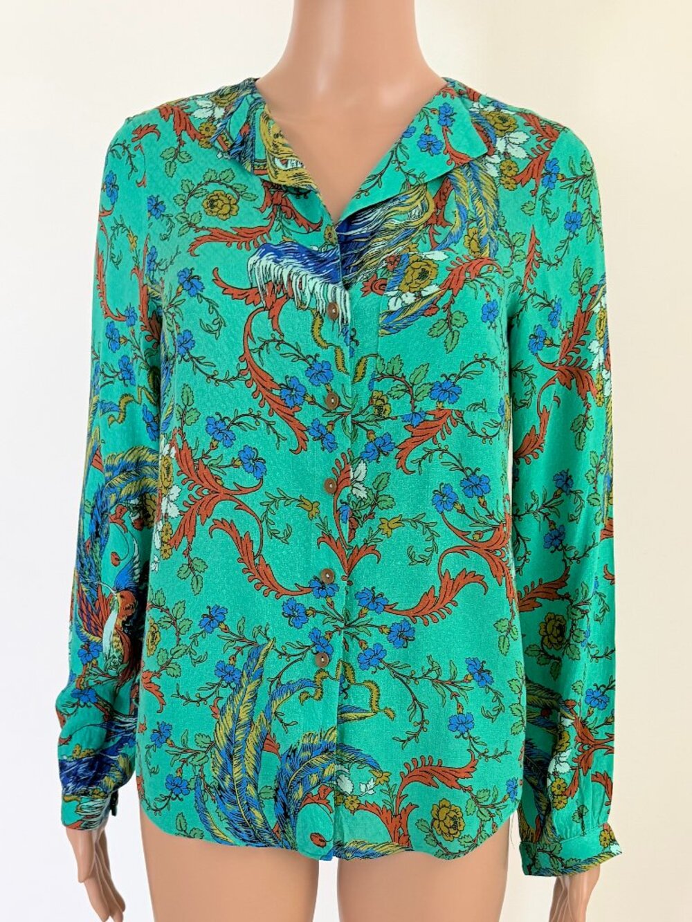 Maeve Anthropologie Top Womens Size 2 Rayon Button Up Blouse Blue Birds Phoenix